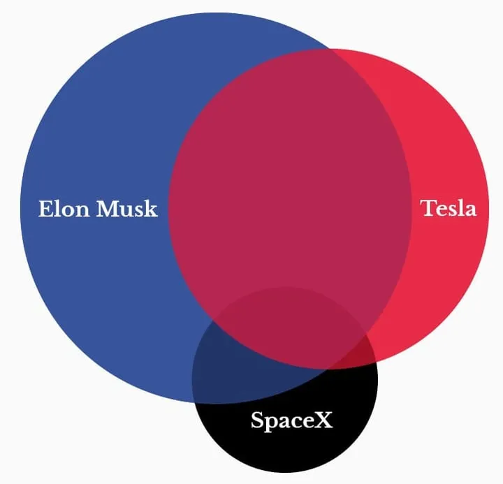 Overlapping circles for Elon Musk, Tesla and SpaceX, sized by news coverage: Elon Musk the largest, overlapping most of Tesla, SpaceX smaller