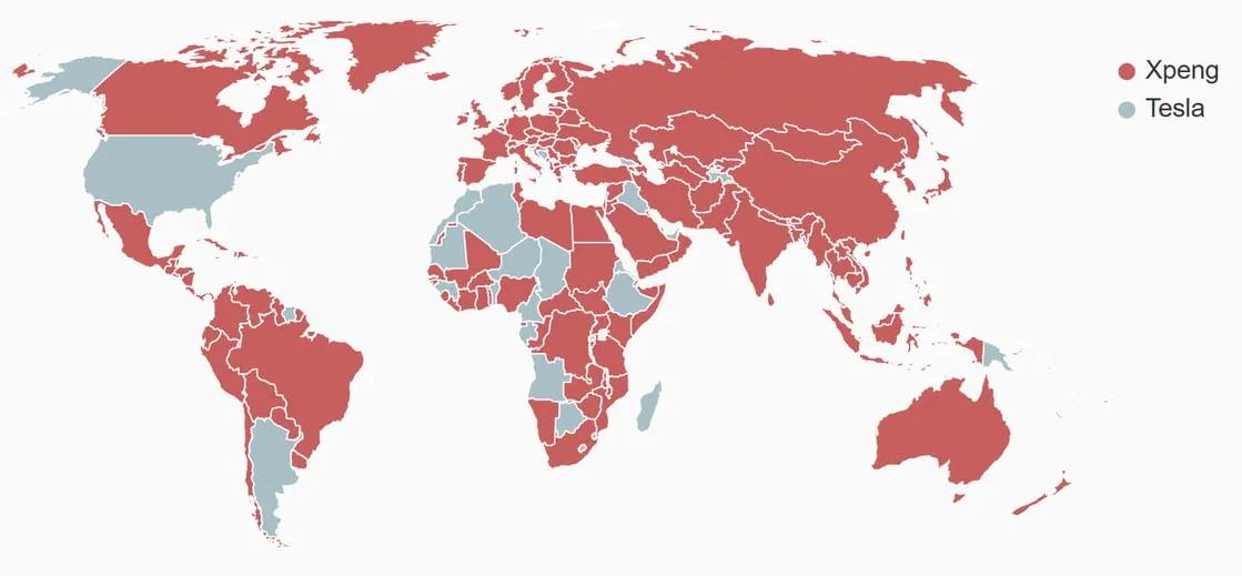 World map of the more trusted EV brand per country: Xpeng in most countries, Tesla in the United States, Argentina and parts of Africa