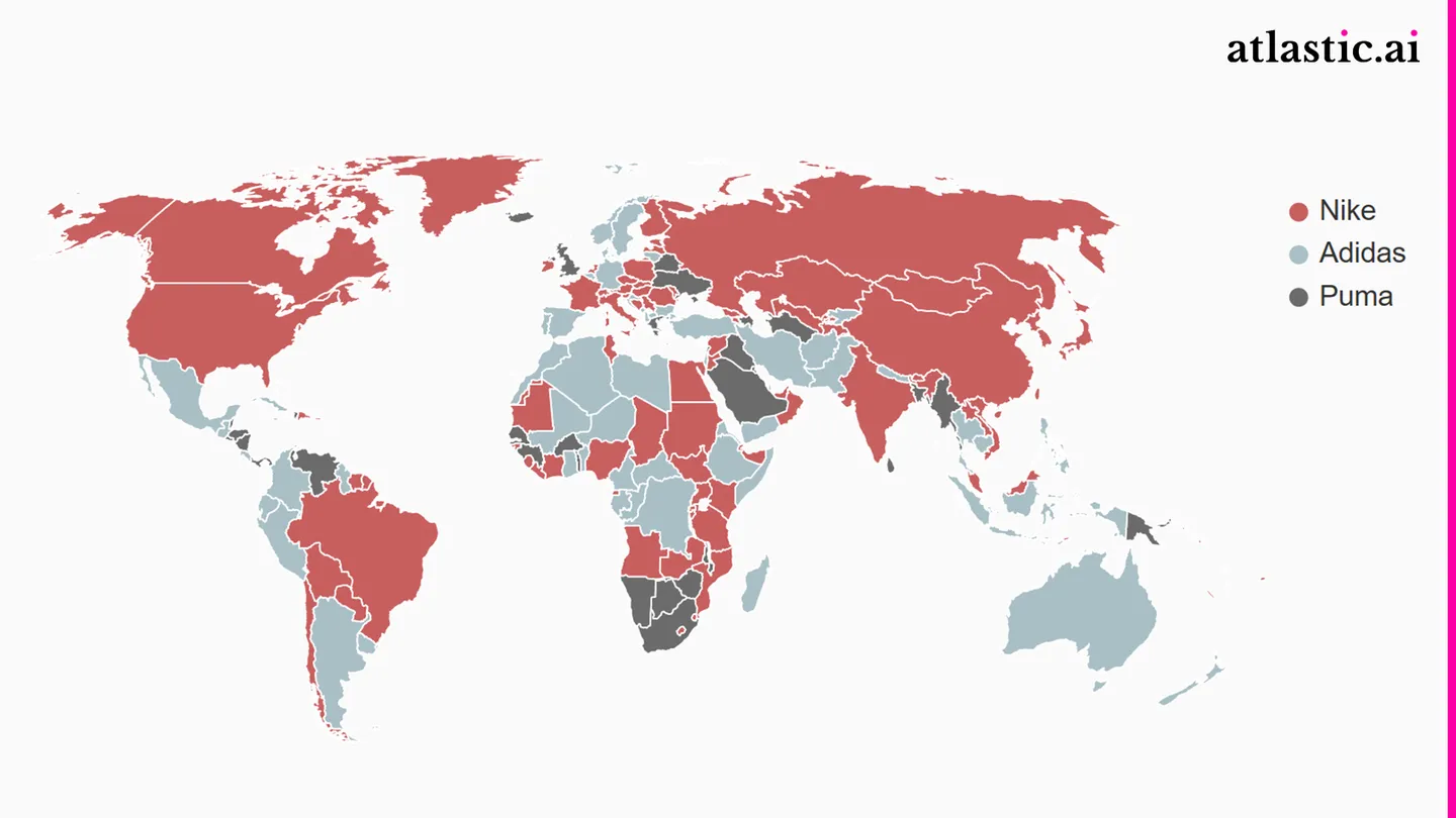World map of the most trusted brand per country: Nike in North America, most of Europe, Russia, China, India and Brazil; Adidas in much of Africa, the Middle East, South America and Australia; Puma in southern Africa, Saudi Arabia, Iraq and Papua New Guinea