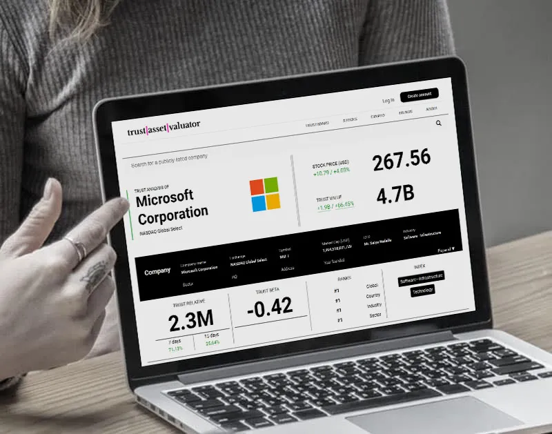 A hand pointing at a laptop showing Microsoft’s Trust Value in the Atlastic platform